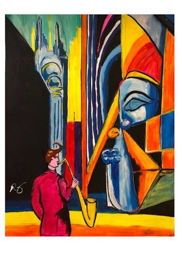 Malerei mit dem Titel "Le saxophoniste mys…" von Romain Mary, Original-Kunstwerk, Acryl