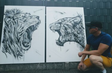 Painting titled "Two lions" by Romain Voreux, Original Artwork, Acrylic Mounted on Wood Stretcher frame