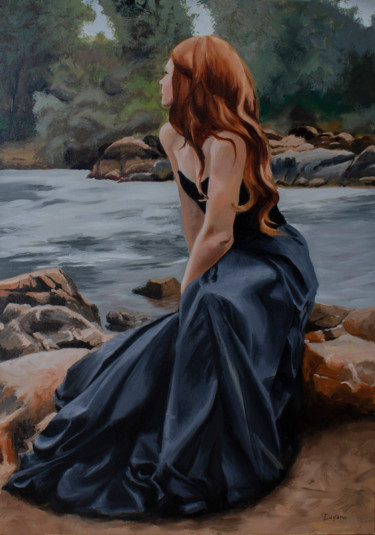 Painting titled "By the River" by Romain Eugène, Original Artwork, Oil Mounted on Wood Stretcher frame