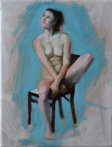 Painting titled "Nude Study Sitting" by Romain Eugène, Original Artwork, Oil Mounted on Wood Stretcher frame