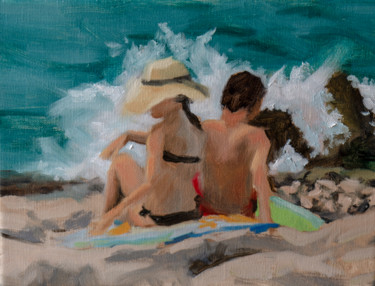 Painting titled "Couple by the Sea" by Romain Eugène, Original Artwork, Oil Mounted on Wood Stretcher frame