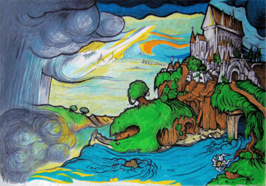 Desenho intitulada "Dramatic landscape…" por Roman, Obras de arte originais, Tinta