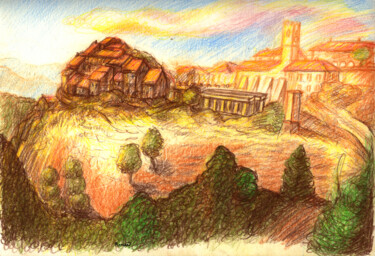 Рисунок под названием "Italian village" - Roman, Подлинное произведение искусства, Цветные карандаши