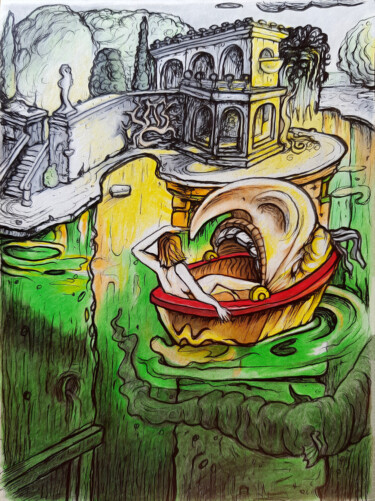 Dibujo titulada "The abandoned lake" por Roman, Obra de arte original, Tinta