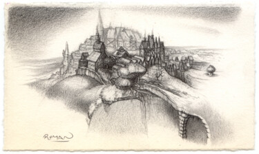 Dibujo titulada "Medieval town" por Roman, Obra de arte original, Lápiz