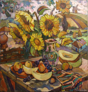 Painting titled "Still life with sun…" by Roman Grischenko, Original Artwork, Oil