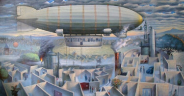 Картина под названием "Airship" - Roman Ivanishchev, Подлинное произведение искусства, Масло Установлен на Деревянная панель