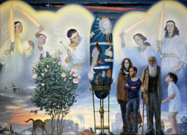 Painting titled "Шалтай и ангелы" by Roman Ivanishchev, Original Artwork, Oil Mounted on Wood Panel