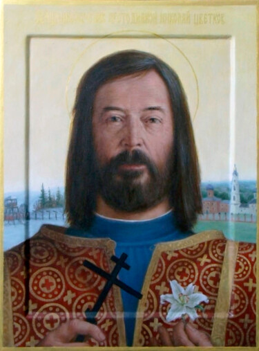Malerei mit dem Titel "New Martyr Nikolai…" von Roman Ivanishchev, Original-Kunstwerk, Öl Auf Holzplatte montiert