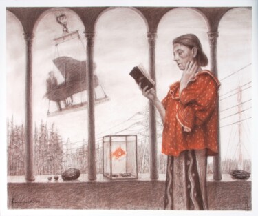 Drawing titled "Lady with a fish" by Roman Ivanishchev, Original Artwork, Pencil Mounted on Plexiglass