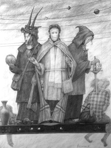 Dessin intitulée "Three geniuses" par Roman Ivanishchev, Œuvre d'art originale, Graphite