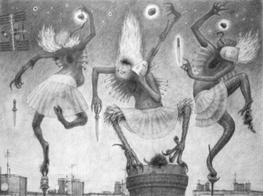 Рисунок под названием "Танцы фурий" - Roman Ivanishchev, Подлинное произведение искусства, Графит Установлен на плексиглас