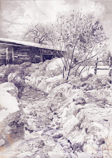 Dessin intitulée "Зима в Поволжье" par Roman Malyshev, Œuvre d'art originale, Crayon