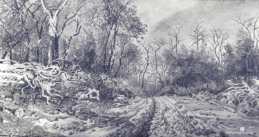 Картина под названием "Зимняя дорога в лесу" - Роман Малышев, Подлинное произведение искусства, Графит