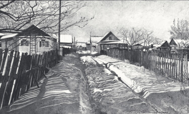 Рисунок под названием "Зимняя улица" - Роман Малышев, Подлинное произведение искусства