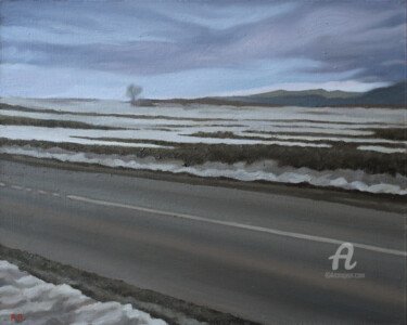Painting titled "By the road" by Roman Rembovsky, Original Artwork, Oil Mounted on Wood Stretcher frame