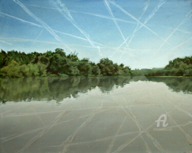 Painting titled "Peaceful landscape" by Roman Rembovsky, Original Artwork, Oil Mounted on Wood Stretcher frame
