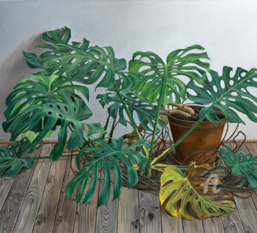 제목이 "Monstera deliciosa"인 미술작품 Roman Rembovsky로, 원작, 기름 나무 들것 프레임에 장착됨