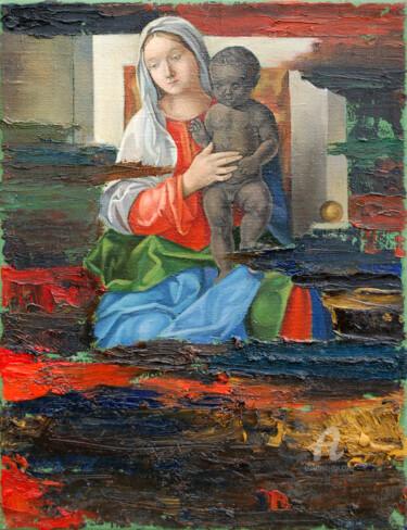 Painting titled "Madonna with a blac…" by Roman Rembovsky, Original Artwork, Oil Mounted on Wood Stretcher frame
