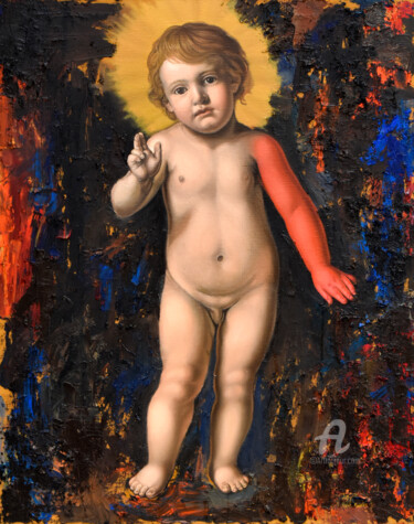 Malerei mit dem Titel "Savior with red hand" von Roman Rembovsky, Original-Kunstwerk, Öl Auf Keilrahmen aus Holz montiert