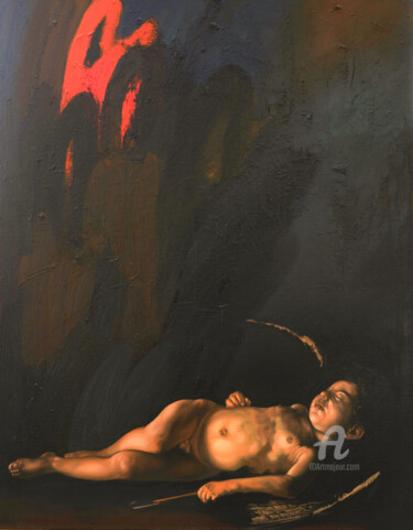 Schilderij getiteld "Above the Sleeping…" door Roman Rembovsky, Origineel Kunstwerk, Olie Gemonteerd op Frame voor houten br…