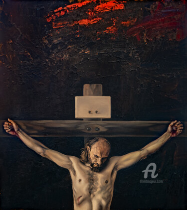 Painting titled "The Crucifixion" by Roman Rembovsky, Original Artwork, Oil Mounted on Wood Stretcher frame