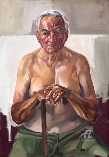 Painting titled "Old man" by Roman Rembovsky, Original Artwork, Oil Mounted on Wood Stretcher frame
