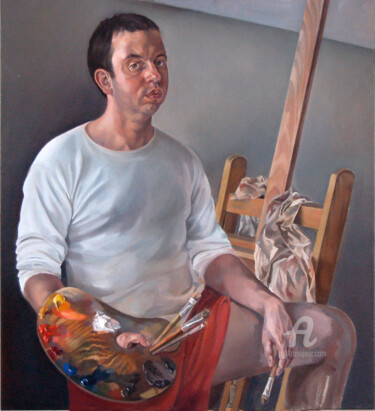 Painting titled "Self-portrait" by Roman Rembovsky, Original Artwork, Oil Mounted on Wood Stretcher frame