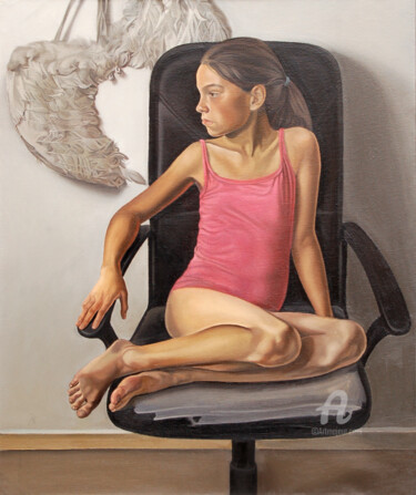 Painting titled "Girl with wings" by Roman Rembovsky, Original Artwork, Oil Mounted on Wood Stretcher frame