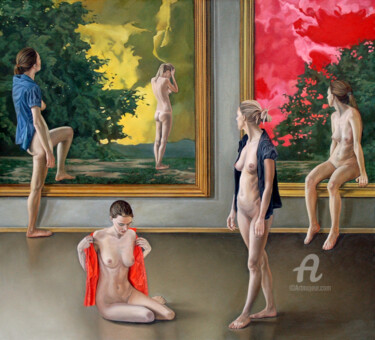 Painting titled "Between paintings" by Roman Rembovsky, Original Artwork, Oil Mounted on Wood Stretcher frame