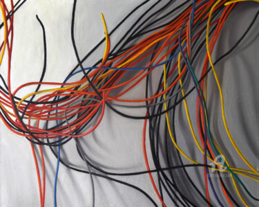 Painting titled "Cables" by Roman Rembovsky, Original Artwork, Oil Mounted on Wood Stretcher frame