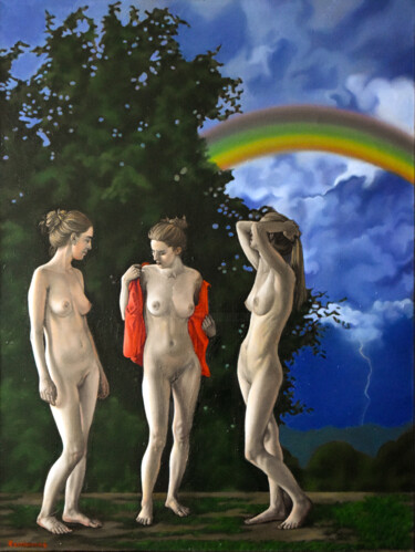 Painting titled "Rainbow" by Roman Rembovsky, Original Artwork, Oil Mounted on Wood Stretcher frame