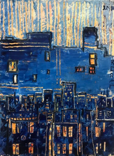 Painting titled "Evening in the city" by Roman Sleptsuk, Original Artwork, Oil