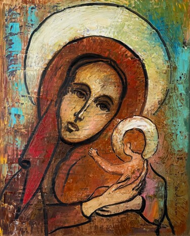 Painting titled "Maria with baby Jes…" by Roman Sleptsuk, Original Artwork, Oil