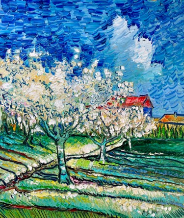 Painting titled "Cherry blossoms" by Roman Sleptsuk, Original Artwork, Oil