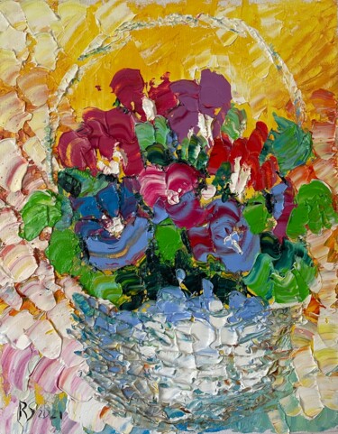 Painting titled "flower basket" by Roman Sleptsuk, Original Artwork, Oil