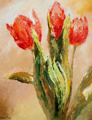 Картина под названием "tulips" - Roman Sleptsuk, Подлинное произведение искусства, Масло