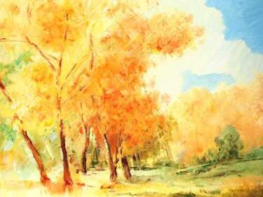 Painting titled "Golden autumn" by Roman Sleptsuk, Original Artwork, Oil