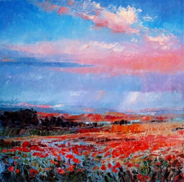 Painting titled "Poppy field" by Roman Sleptsuk, Original Artwork, Oil