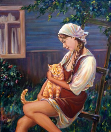 Painting titled "Girl with a cat, te…" by Roman Fedosenko, Original Artwork, Oil