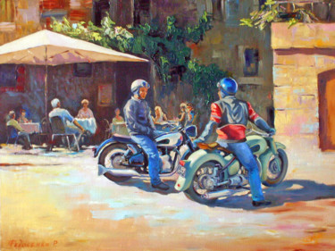 Pittura intitolato "On the square in ca…" da Roman Fedosenko, Opera d'arte originale, Altro