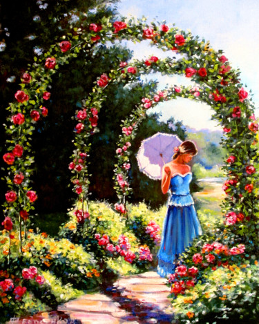 Pittura intitolato "Rose alley" da Roman Fedosenko, Opera d'arte originale, Olio