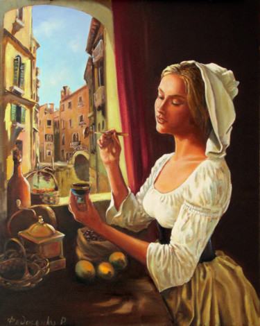 Pittura intitolato "Chocolate Girl" da Roman Fedosenko, Opera d'arte originale, Olio