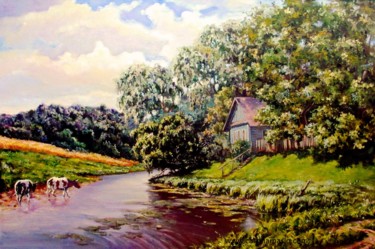 Painting titled "House by the river" by Roman Fedosenko, Original Artwork, Oil