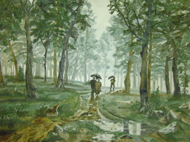 Картина под названием "Дождь в дубовом лес…" - Роман Ислаев, Подлинное произведение искусства, Масло