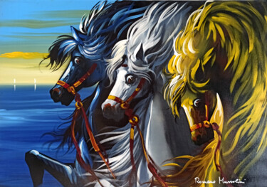 Ζωγραφική με τίτλο "Three horses on the…" από Romano Mussolini, Αυθεντικά έργα τέχνης, Λάδι Τοποθετήθηκε στο Ξύλινο φορείο σ…