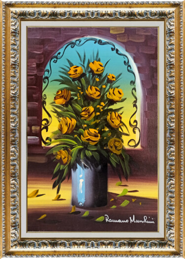 Painting titled "Vase with yellow ro…" by Romano Mussolini, Original Artwork, Oil Mounted on Wood Stretcher frame