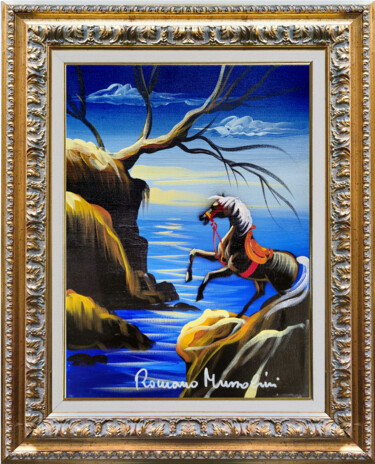Painting titled "Rampant horse on th…" by Romano Mussolini, Original Artwork, Oil Mounted on Wood Stretcher frame