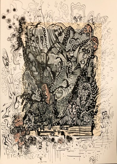 Disegno intitolato "Émeutes en marge" da Romano Valsky, Opera d'arte originale, Inchiostro