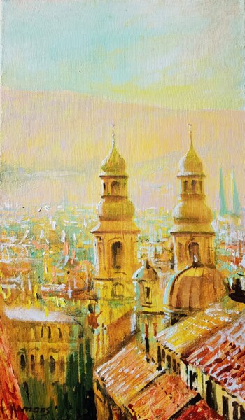 Schilderij getiteld "Rooftops of Vienna" door Romans Ivanovskis, Origineel Kunstwerk, Olie